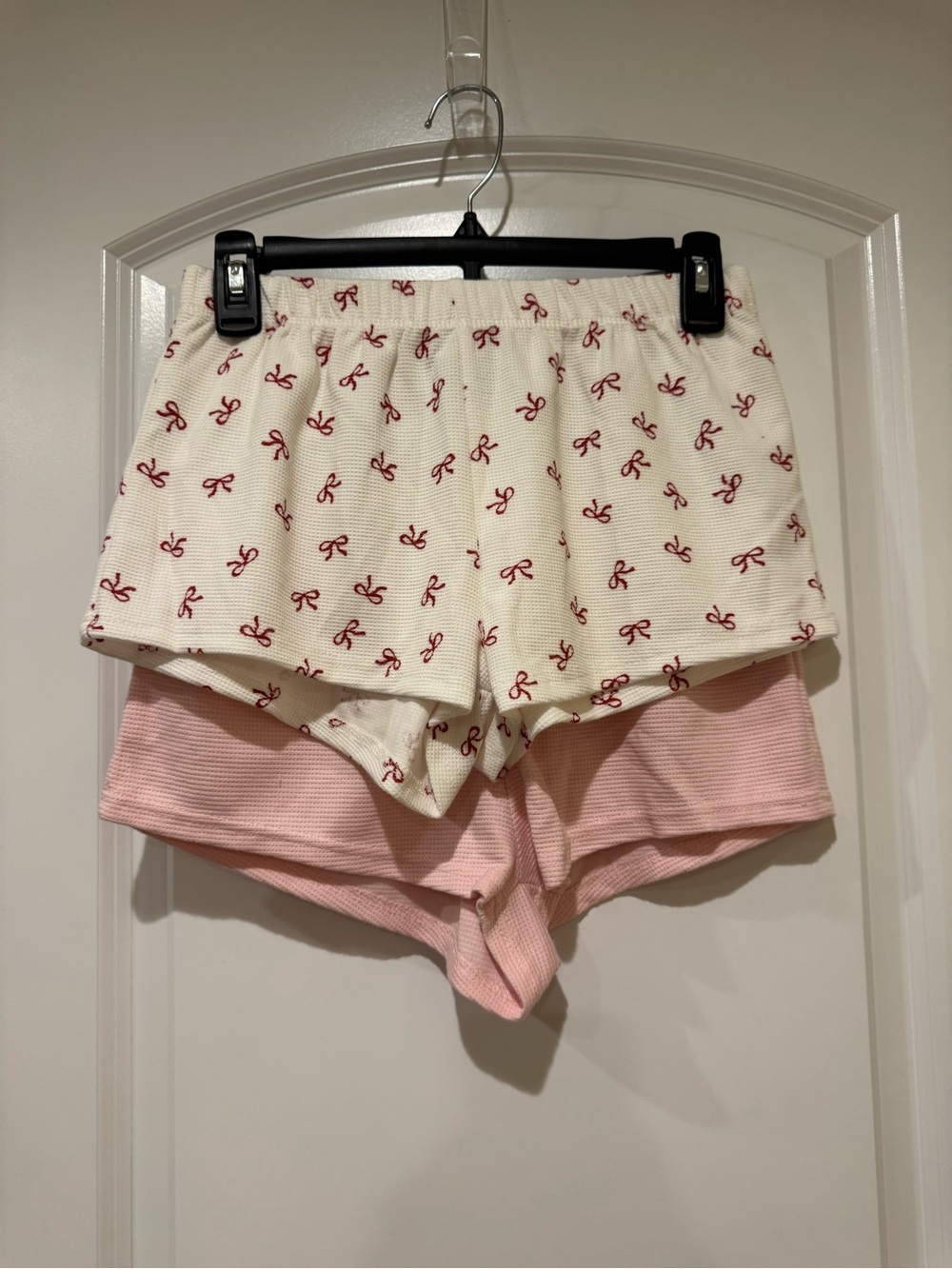 Always Cream Waffle-Knit Shorts — Red Bow Print & Pink